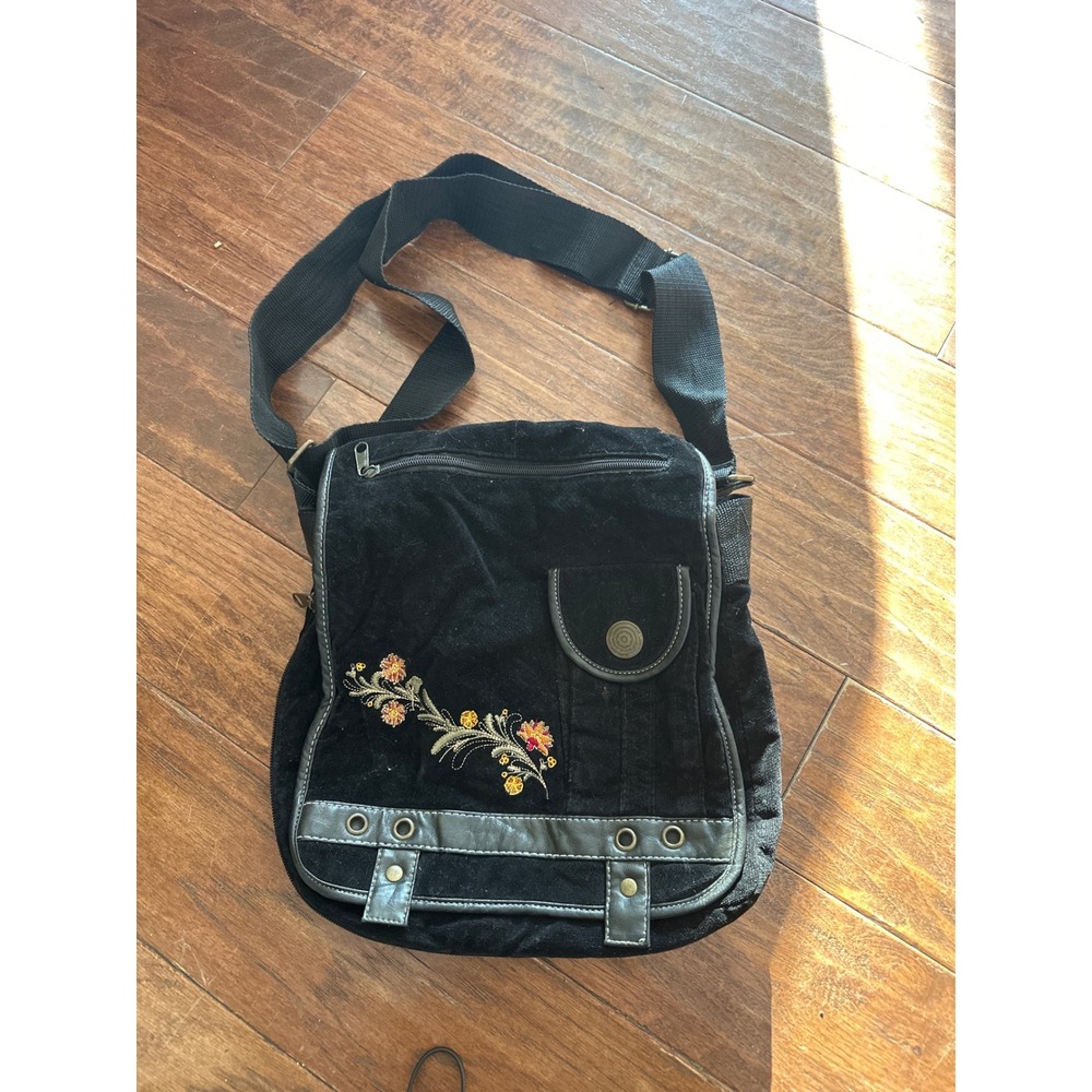 Black Velvet Crossbody Bag Floral Embroidery Adjustable Strap festival whimsical